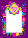 Happy Holi colorful frame. Illustration of buckets with paint, water guns, flags, blots and stains Royalty Free Stock Photo
