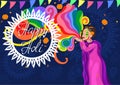 Happy Holi Congratulation. Banner with an indian woman. Vector graphics