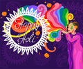 Happy Holi Congratulation. Banner with an indian woman. Vector graphics