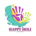 Happy holi festival colored palm prints vivid splashes