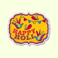 Happy Holi Festival Sticker Or Label With Colorful Hand, Bunting Flag In Vintage Frame On Cosmic Latte