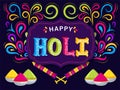 Happy Holi Font Over Vintage Frame With Crossed Water Guns Pichkari, Bowls Full Of Dry Color Gulal And Colorful Swirl Arc Drop