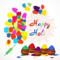 Happy holi greeting card with color splashes, pichkari and mandala . Vector illustration.