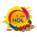 Happy Holi greeting card with traditional pots, pichkari and color splashes