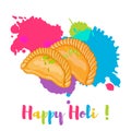 Happy Holi Gujiya traditional holi sweet colorful card, poster. Vector illustration.