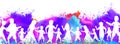 Happy Holi header or banner design with illustration of kids celebrating holi festival.