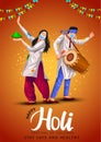 Happy holi indian festival. couple playing holi dance. vector illustration