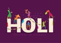 Happy Holi Indian festival, poster, banner, template. Cartoon Young people Playing Holi On colorful costume . symbolic vector