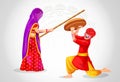 Happy Holi Indian festival. Women beat men with bamboo sticks Lathmar Holi ritual, Lathmar Holi celebration vector illustration Royalty Free Stock Photo