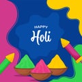 Happy Holi Lettering With Bowls Full Of Dry Color Gulal, Water Guns Pichkari And Fluid Waves On Blue Royalty Free Stock Photo