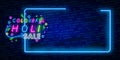 Happy Holi neon sign. Web banner theme Holi, logo, emblem and label. Neon sign, bright signboard, light banner. Vector