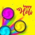 Happy HOLI poster. Powder on yellow backdrop. Festival lettering with Gulaal Explosion ink. Hindu, Dhulandi