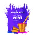 Happy Holi sale template design with illustration of golden color buckets.