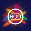 Happy Holi spring festival of colors greeting vector background with realistic volumetric colorful Holi powder paint clouds and sa