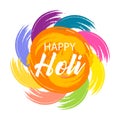 Happy Holi, the spring festival of colors in India. Abstract colorful strokes with grunge texture brush and congratulatory text.