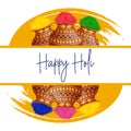 Happy Holi, the spring festival of colors in India. Jugs with paints on grunge texture and congratulatory text. Banner, postcard