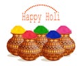 Happy Holi, the spring festival of colors, paints in India. Jugs with paints and congratulatory text. Banner, postcard