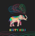 Happy holi vector card with varicoloured polygonal elephant. Indian elephant trunk let out paint. Holi elephant.