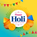 Happy holi wishes greeting with garlands and gulaal pot