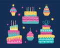 Happy holiday baked cakes with candles vector set. Festive cooking icons for decorating, anniversaries, weddings