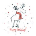 Happy holiday. Cartoon vector illustration with christmas deer