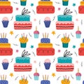 Happy holiday cream cake with candles flat vector seamless pattern. Sweet holiday pastries, muffin, cupcake with Royalty Free Stock Photo