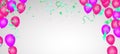 Happy holiday frame background with colorful balloon, gifts, confetti, carnival cap and streamer. Flat lay. Top view. Birthday Royalty Free Stock Photo