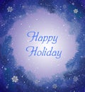 Happy holiday greating card in violet blue dreaming winter weather, fairy winter holiday concept,