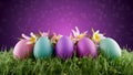 Happy holiday purple Easter background with eggs and bellflowers