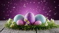 Happy holiday purple Easter background with eggs and bellflowers