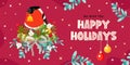 Happy holidays banner with bullfinch, fir tree and holly branch, cone on red background. Vector Christmas greeting card. Royalty Free Stock Photo