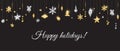 Happy holidays banner with sparkling gold and silver decoration on black background Royalty Free Stock Photo