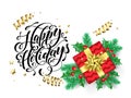 Happy Holidays calligraphy hand drawn text for greeting card background template. Vector Christmas tree holly wreath decoration, r Royalty Free Stock Photo