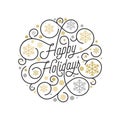 Happy Holidays calligraphy lettering and golden snowflake pattern on white background for Xmas greeting card design. Vector golden