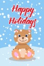 Happy Holidays card in funny cartoon style. Vector illustration with typography, smiling Teddy bear and falling snow Royalty Free Stock Photo