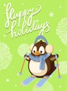 Happy Holidays Card, Penguin in Earmuffs on Skis