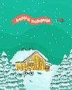 Happy holidays card with wooden scandinavian house with light inside, christmas trees, bike, snow and helicopter