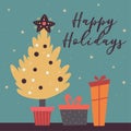 happy holidays card yellow christmas tree and gifts