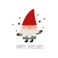 Happy holidays. Cartoon gnome, hand drawing lettering, dÃÂ©cor elements. holiday theme. Colorful vector illustration, flat style. Royalty Free Stock Photo