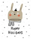 Happy holidays. Cartoon hare, hand drawing lettering, decor elements. holiday theme. Colorful vector illustration, flat style. Royalty Free Stock Photo