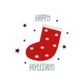 Happy holidays. Cartoon sock, hand drawing lettering, dÃÂ©cor elements. holiday theme. Colorful vector illustration, flat style. Royalty Free Stock Photo