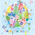 Happy Holidays! Colorful Hand Drawn Funny Doodle Holiday Set with Candies, Gifts, Candle, Fir Trees, Angel, Stars and Snowflakes.