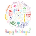 Happy Holidays! Colorful Hand Drawn Funny Doodle Holiday Set with Candies, Gifts, Candle, Fir Trees, Angel, Stars and Snowflakes