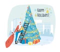 Happy holidays design with santa putting gift under fir tree