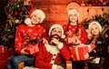 Happy holidays. Father bearded man and mother with cute daughters christmas tree background. Spend time with your family