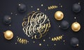 Happy Holidays golden decoration, hand drawn gold calligraphy font for greeting card black background. Vector Christmas or New Yea Royalty Free Stock Photo