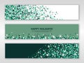 Happy holidays green emerald banners set of three sheets with sparkle confetti. Vector illustration. All isolated and layered