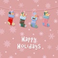 Happy Holidays greeting background. Socks and gifts. Merry Christmas card Royalty Free Stock Photo