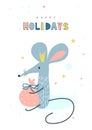 Happy Holidays greeting card with cute mouse or rat.Concept, vector vertical editable template. The symbol of the year Royalty Free Stock Photo