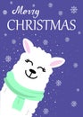 Holiday greeting card with white llama and Christmas decor on violet background. Vector hand-drawn illustration. Cute